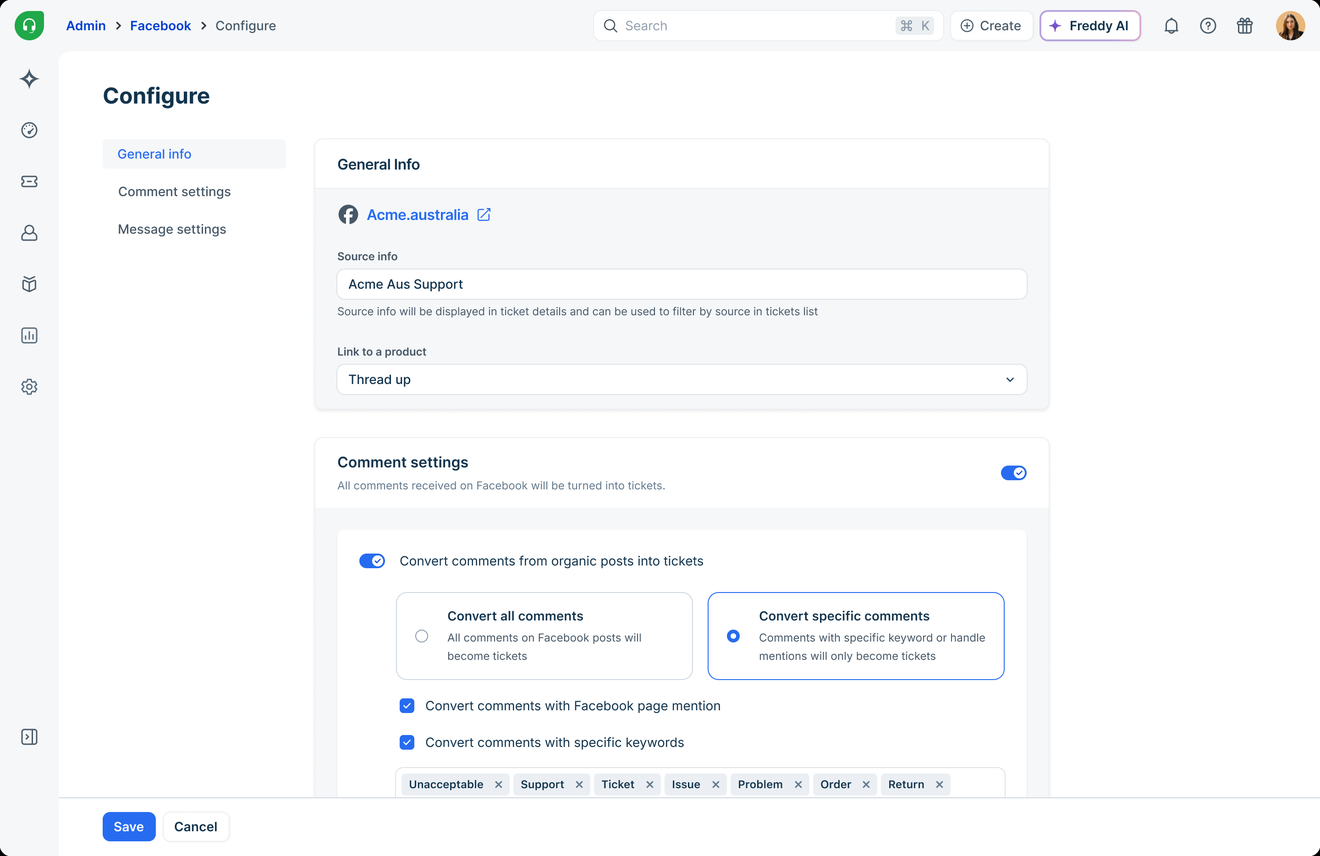 The redesigned configuration page: anchor tabs on the left and grouped settings cards