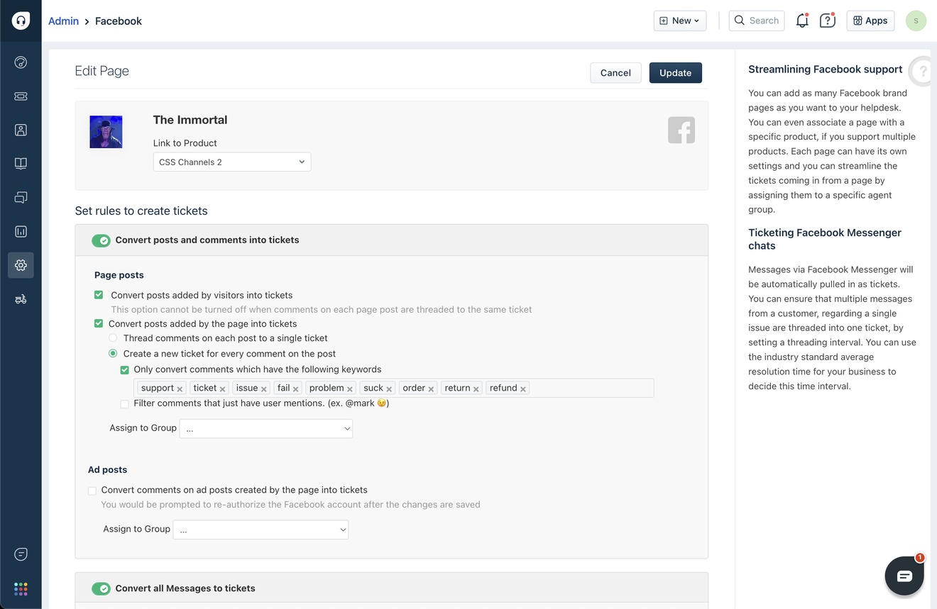 The legacy Facebook page settings: text-driven options nested up to four levels deep
