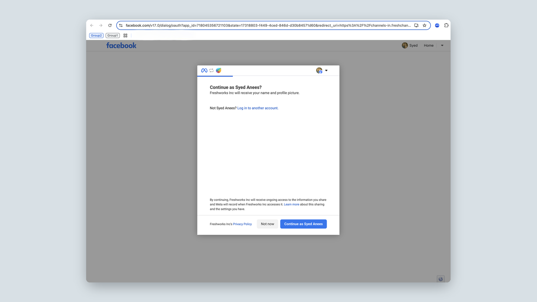 The Meta permission window replacing the Freshdesk setup page