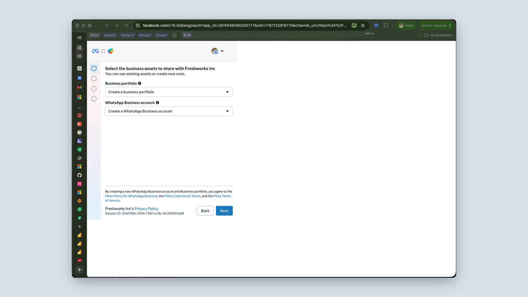 The WhatsApp business asset selection step, several screens into the Meta flow