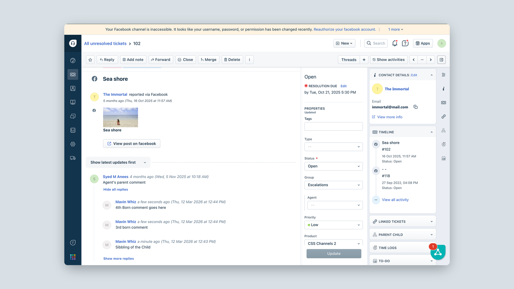A legacy Facebook comment ticket: replies listed flat, with no sign of what they answer