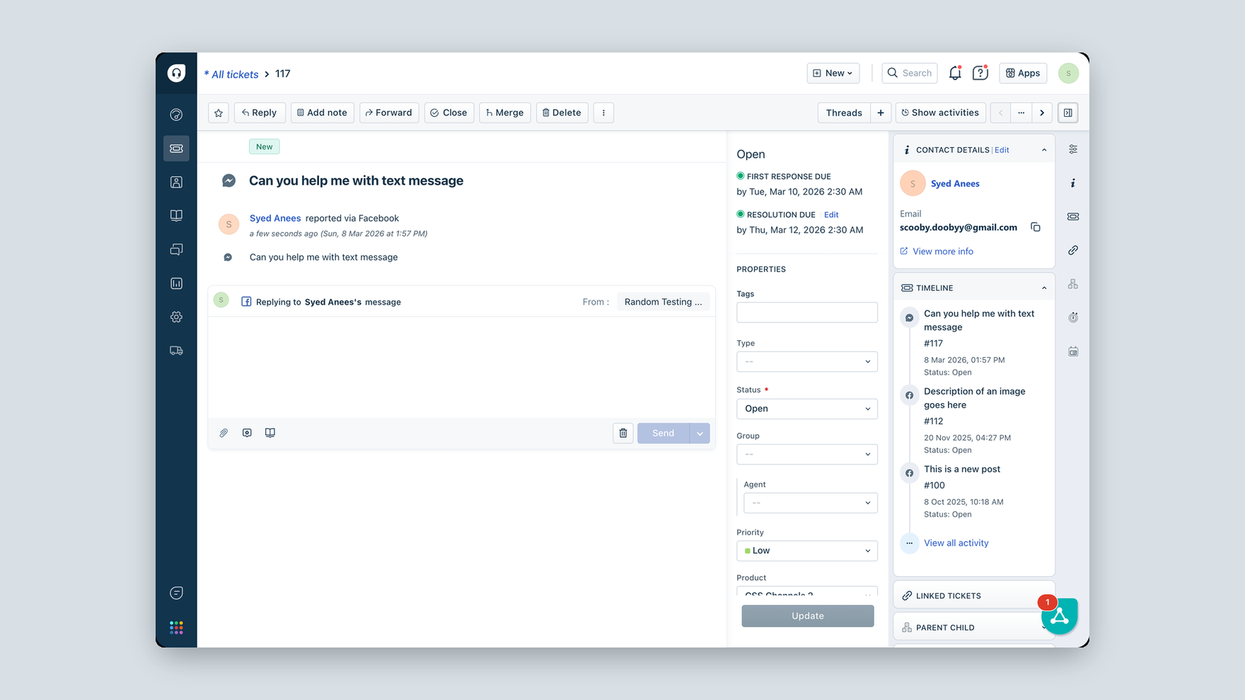 A legacy Facebook DM ticket: the conversation in an editor built for email
