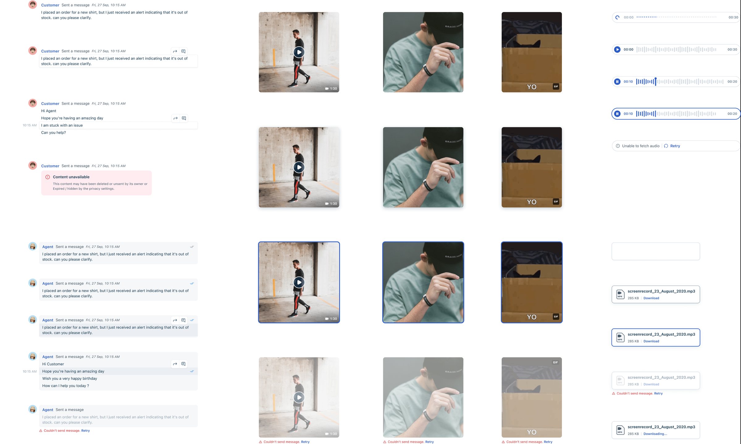 The shipped message fragment states: stories, audio, images, unsent messages, content unavailable and delivery failures, each with default, hover, active and failed states