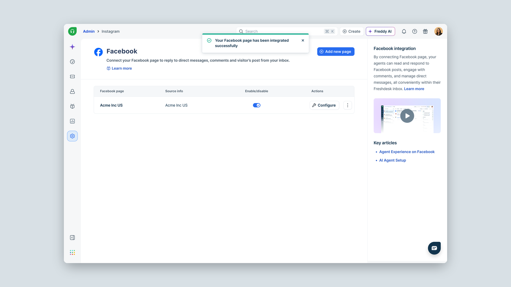 The redesigned list: source info, an enable/disable toggle and Configure per page