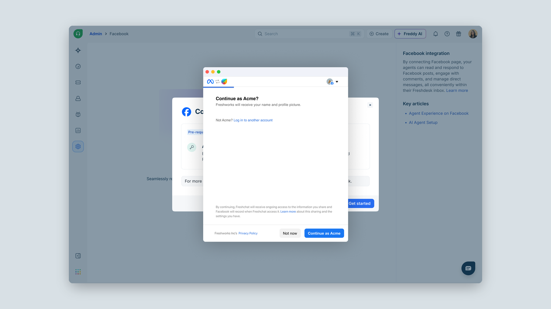 Meta's permission dialog opening in a window over the Freshdesk page