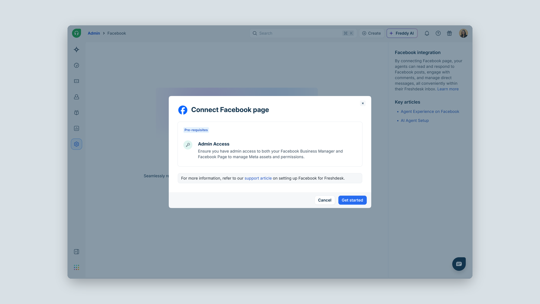 The prerequisites popup, still inside the Freshdesk shell