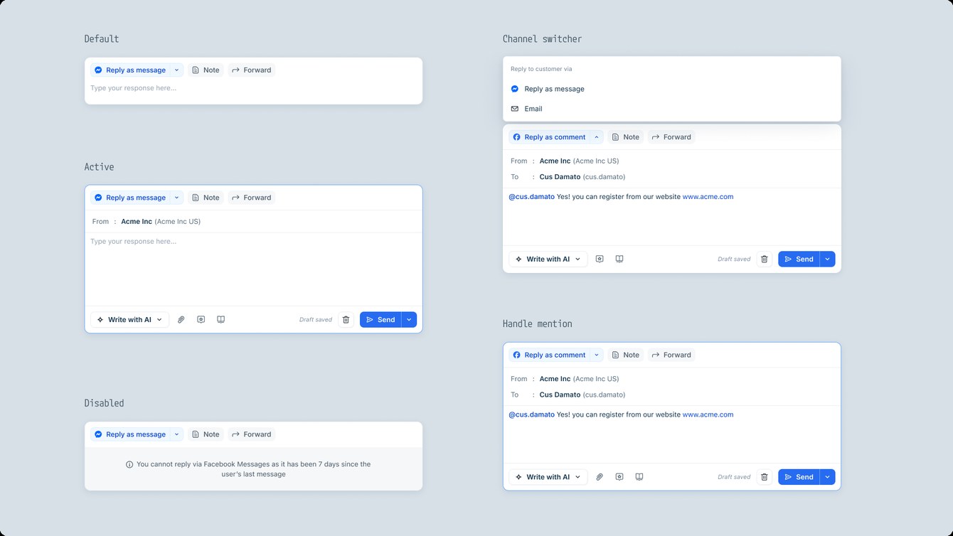 Reply editor states: default, active, disabled after the seven-day window, channel switch, and handle mention