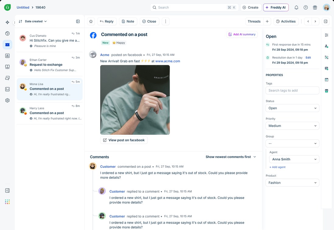 The redesigned comment ticket: an inline post preview, then the parent comment with its replies nested beneath it, each labelled