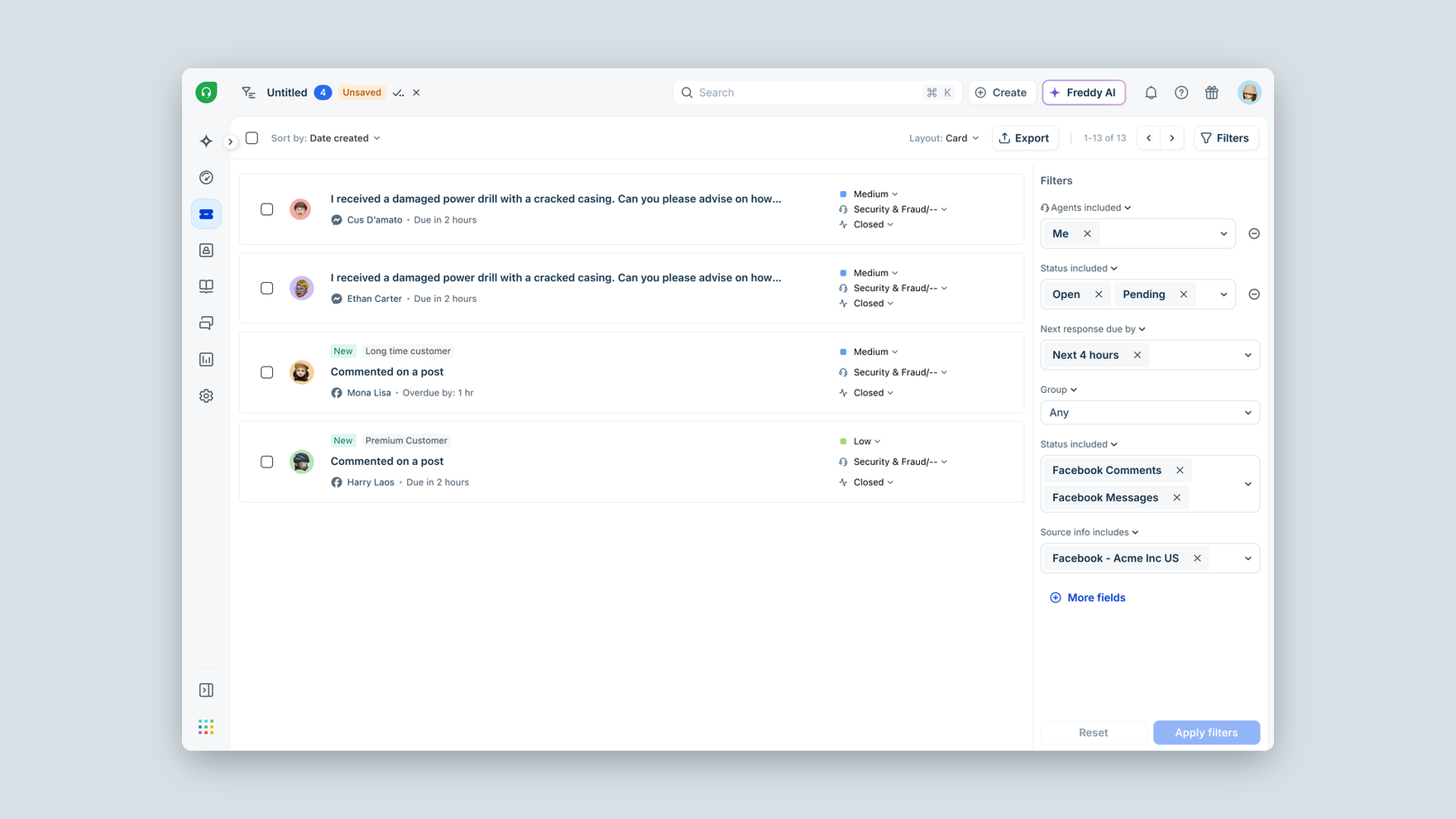The ticket list filtered by Facebook Comments and Facebook Messages as separate sources