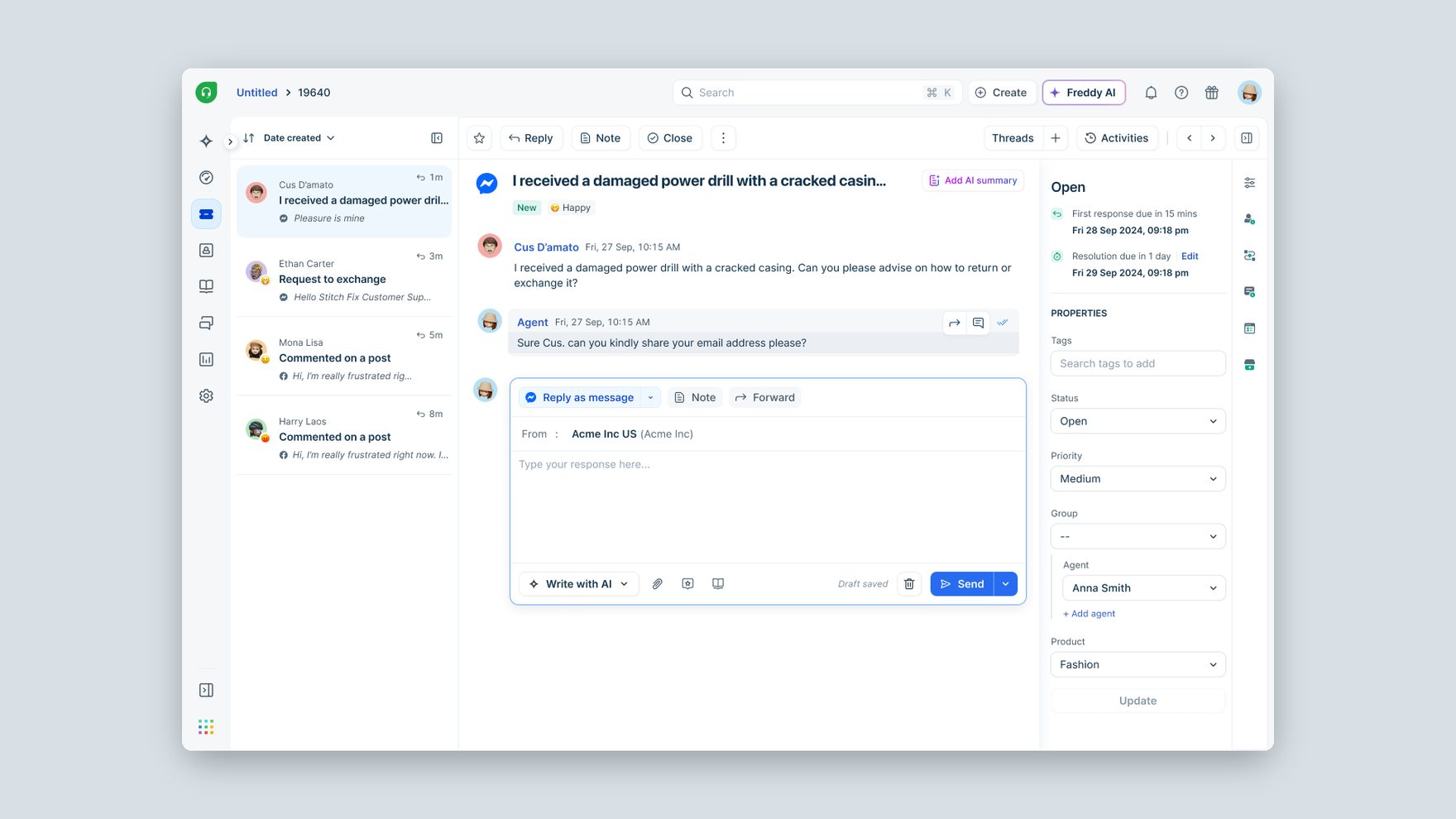 The redesigned DM ticket with the unified reply editor in place
