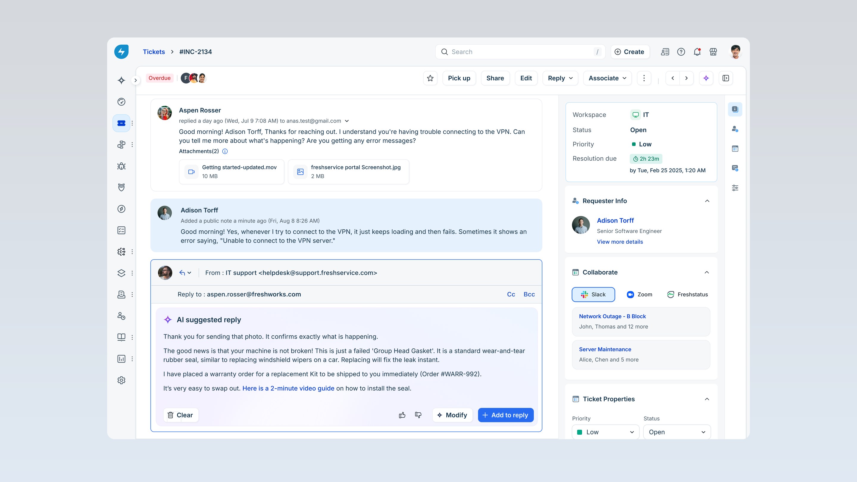 A bordered "AI suggested reply" panel inside the reply editor, with Clear, Modify and Add to reply buttons of its own