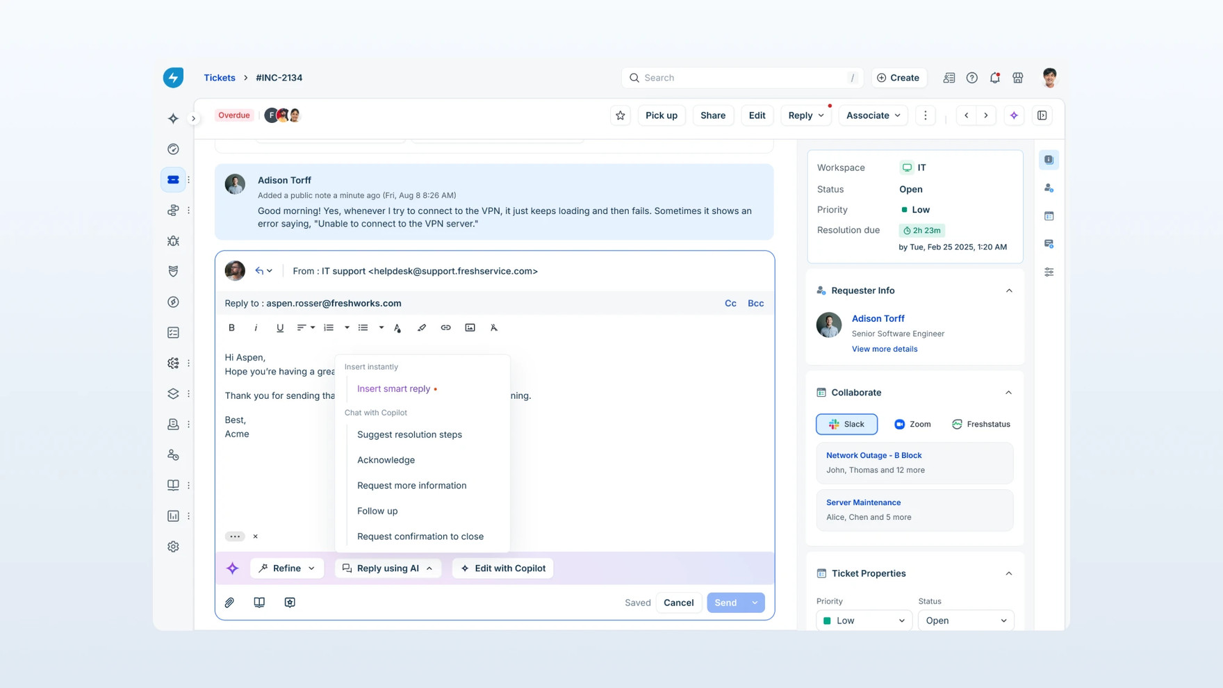 The AI menu regrouped by outcome: an "Insert instantly" group holding Insert smart reply, and a "Chat with Copilot" group holding Suggest resolution steps, Acknowledge, Request more information, Follow up and Request confirmation to close