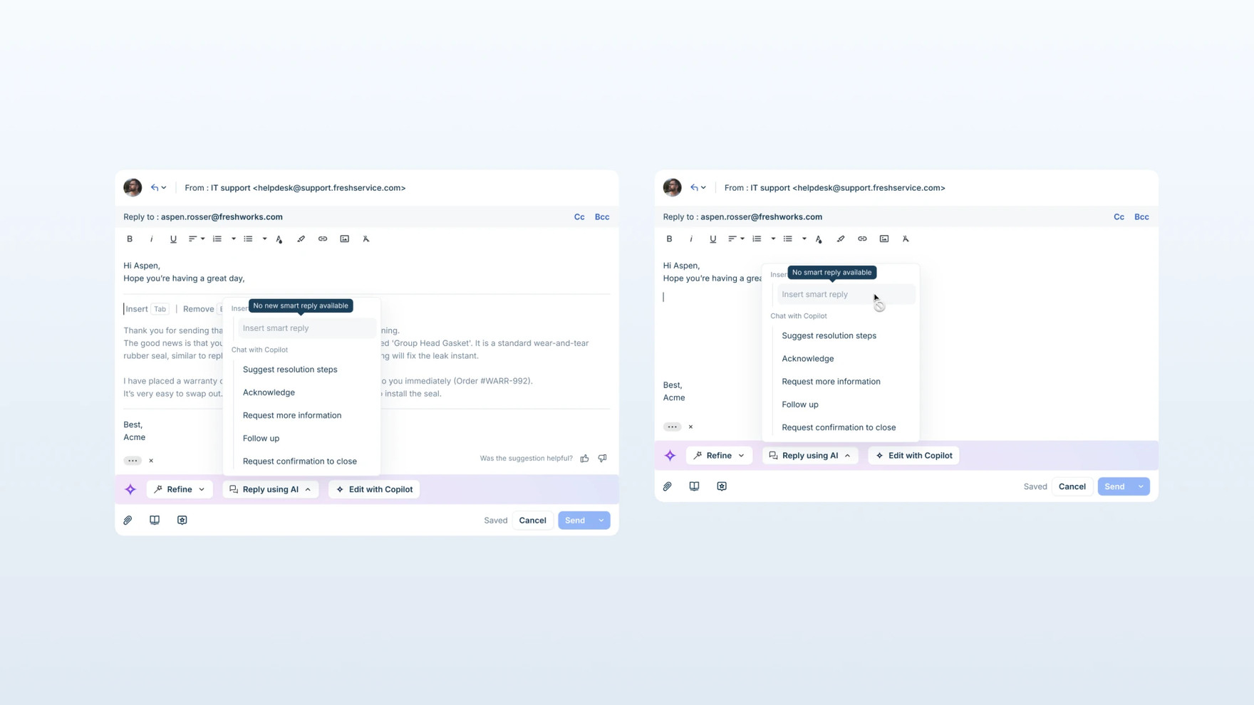 Two reply editors side by side, one showing a "No new smart reply available" tooltip over a disabled Insert smart reply row, the other showing "No smart reply available" on an empty draft