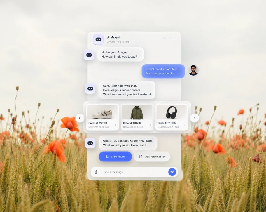 A chat thread where a customer picks a past order to return, with product cards inline