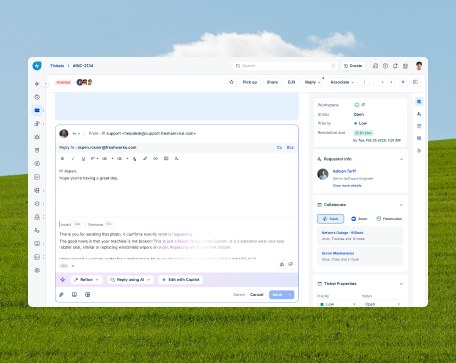 A suggested reply shown as ghost text inside the Freshservice reply editor
